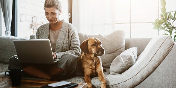 Employee working from couch next to their dog